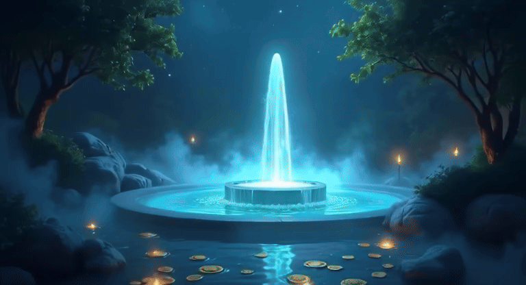 Animated fountain at night with flowing water, symbolizing the flow of wishes.